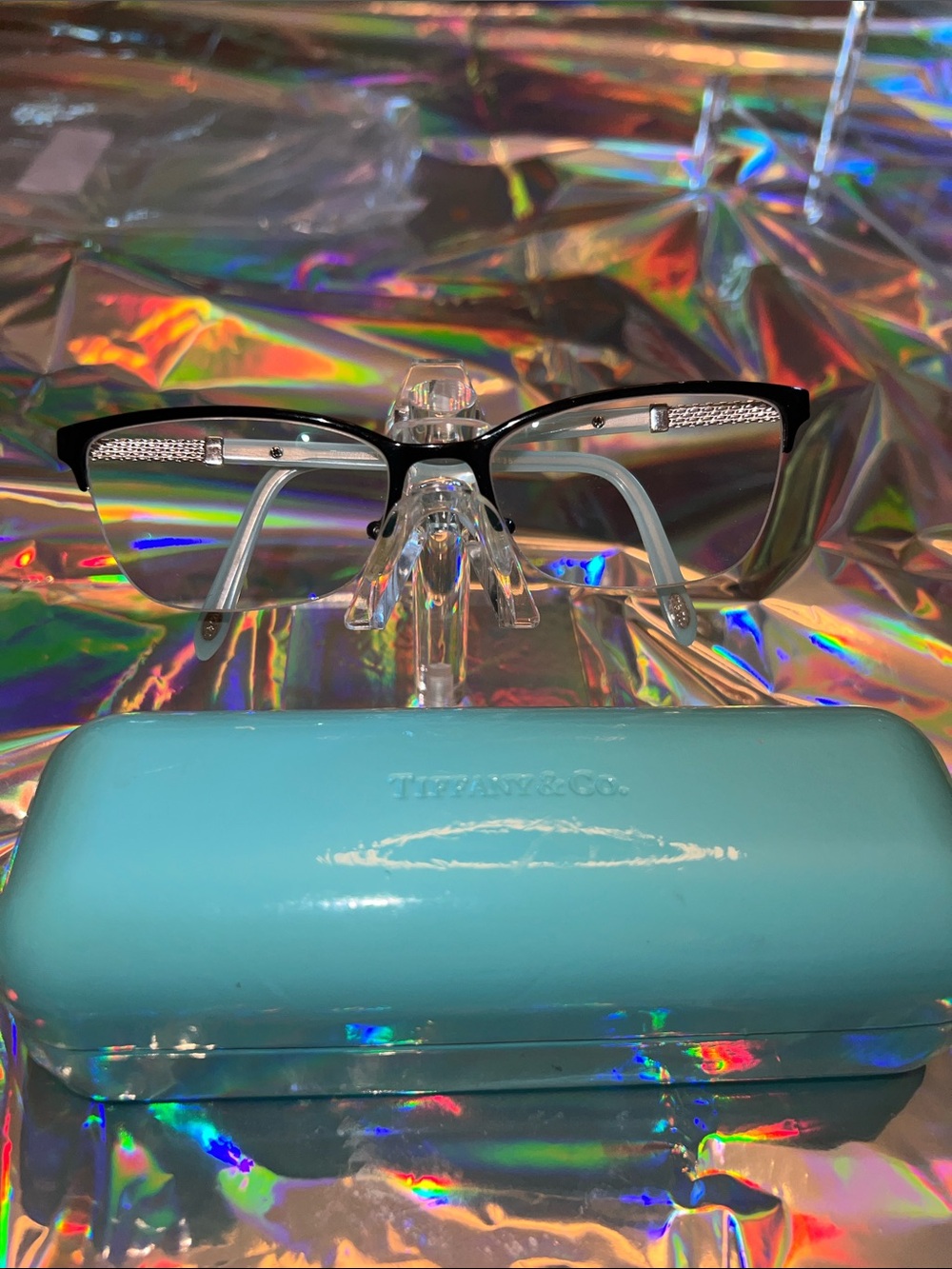 Tiffany & Co. Black and Silver Semi-Rimmed Eyeglasses with Blue Case